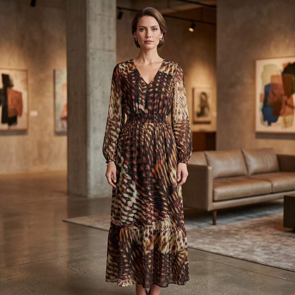 SUD Express Maxi Dress Womens Sz S Animal Print Smocked Waist Tiered Boho V-Neck